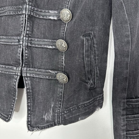 FREE PEOPLE Black Denim Jacket XS Military Distressed Fitted Boho - Picture 6 of 15